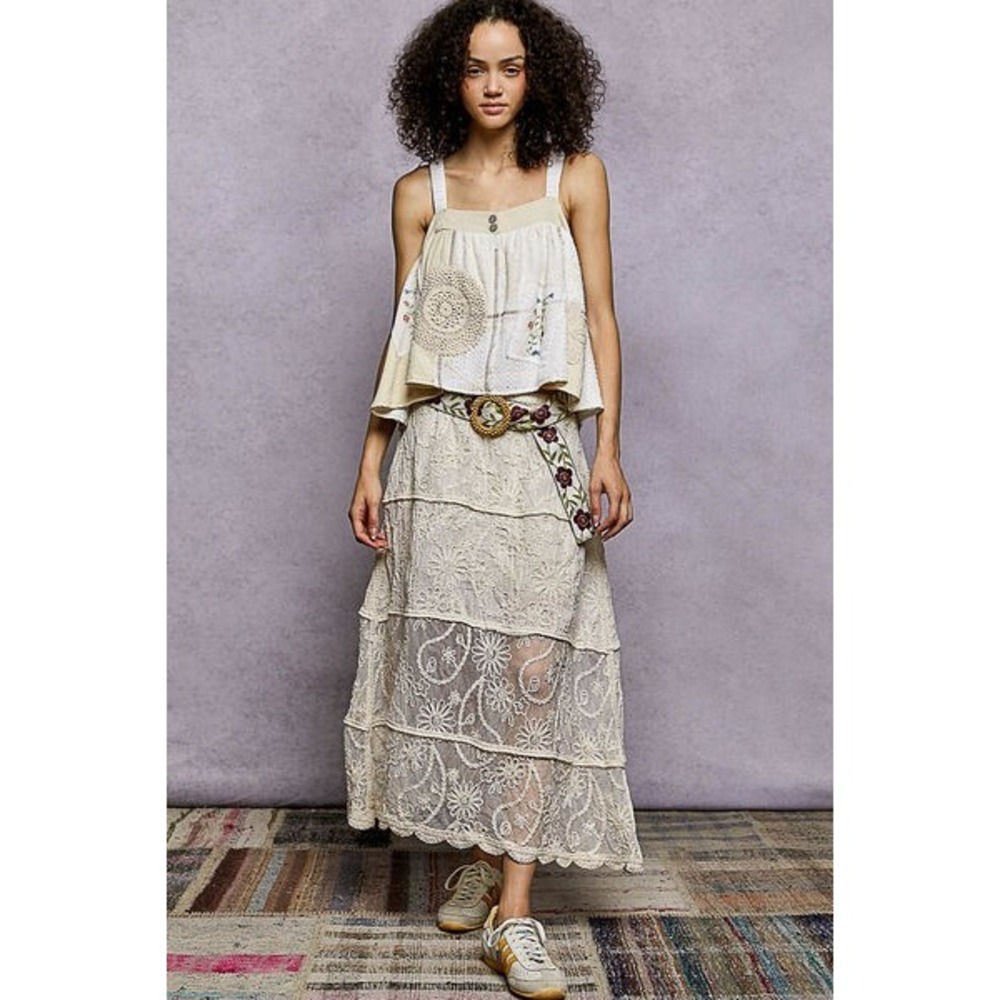 POL Ivory Lace Tiered Maxi Skirt Floral Embroidery Boho Cottagecore